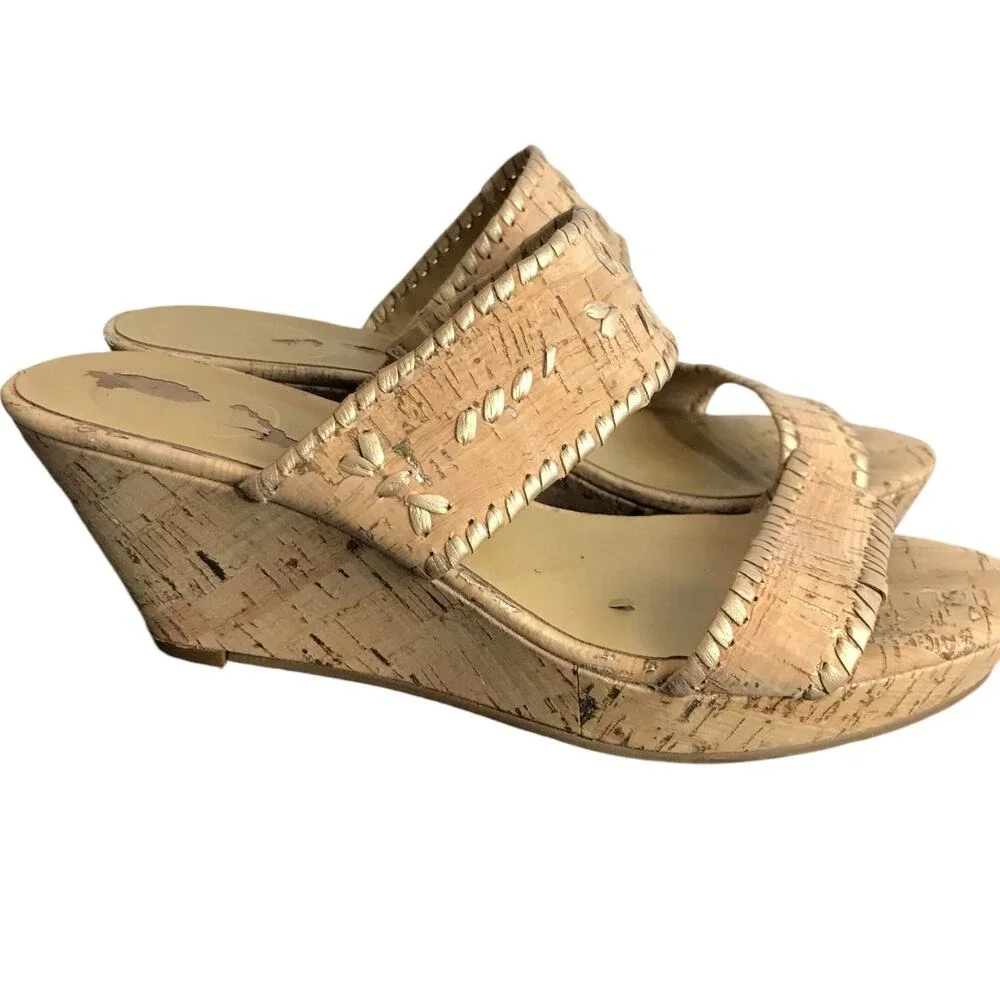 Jack‎ Rogers Womens 10 Cork Wedge Sandals Brown Strappy Summer Platform Heels